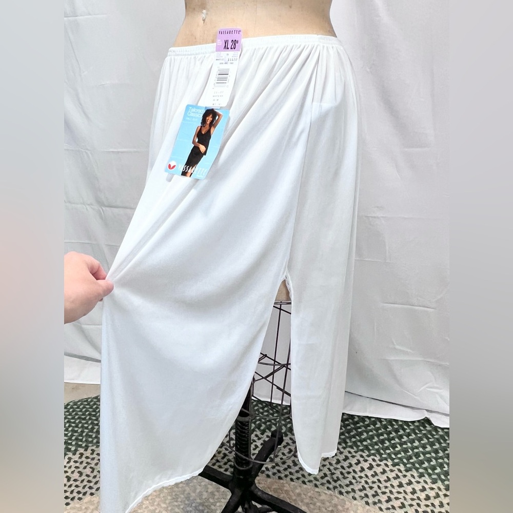 VINTAGE Vassarette white silky half dress slip elastic waist lace trim side slit - Picture 3 of 14